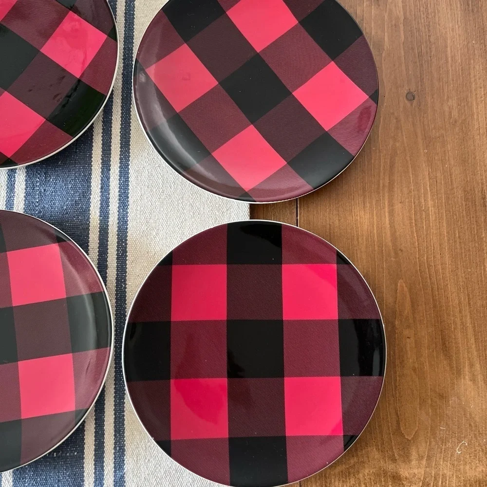 Set of 7 Pottery Barn Buffalo Plaid Check Red & Black Stoneware Salad Plates